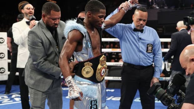Raymond Ford wins his fight against Felix Caraballo at The Hulu Theater at Madison Square Garden in New York. Ford Promises to Completely Outclass Him in the championship match against Otabek Kholmatov on March 2. RICH GRAESSLE/ICON SPORTSWIRE VIA GETTY IMAGES.
